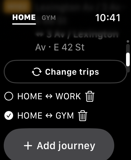 Actual journey management screen with HOME to WORK, HOME to GYM and Add journey